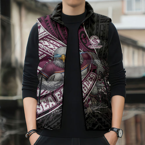 Manly Warringah Sea Eagles Rugby Mascot Sleeveless Puffer Jacket Tribal Polynesian Power Art - Lightning Mascot