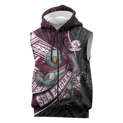 Manly Warringah Sea Eagles Rugby Mascot Sleeveless Zip Hoodie Tribal Polynesian Power Art - Lightning Mascot
