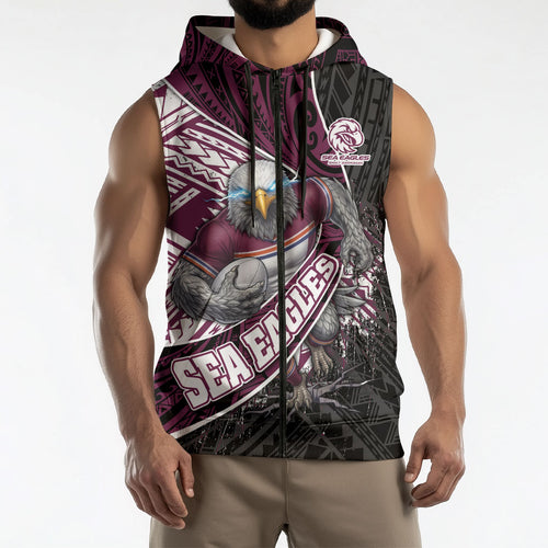 Manly Warringah Sea Eagles Rugby Mascot Sleeveless Zip Hoodie Tribal Polynesian Power Art - Lightning Mascot