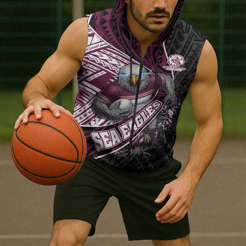 Manly Warringah Sea Eagles Rugby Mascot Sleeveless Zip Hoodie Tribal Polynesian Power Art - Lightning Mascot