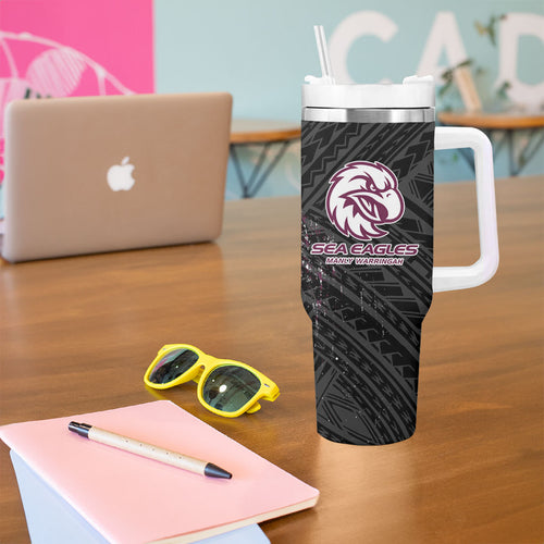 Manly Warringah Sea Eagles Rugby Mascot Tumbler With Handle Tribal Polynesian Power Art - Lightning Mascot