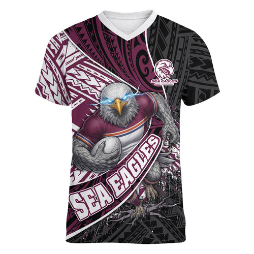 Manly Warringah Sea Eagles Rugby Mascot Women V-Neck T-Shirt Tribal Polynesian Power Art - Lightning Mascot