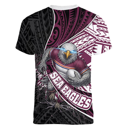 Manly Warringah Sea Eagles Rugby Mascot Women V-Neck T-Shirt Tribal Polynesian Power Art - Lightning Mascot