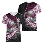 Manly Warringah Sea Eagles Rugby Mascot Women V-Neck T-Shirt Tribal Polynesian Power Art - Lightning Mascot