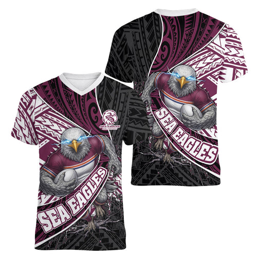 Manly Warringah Sea Eagles Rugby Mascot Women V-Neck T-Shirt Tribal Polynesian Power Art - Lightning Mascot