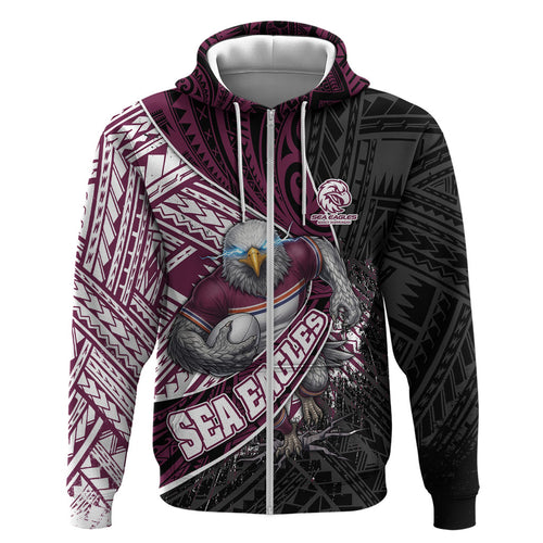 Manly Warringah Sea Eagles Rugby Mascot Zip Hoodie Tribal Polynesian Power Art - Lightning Mascot
