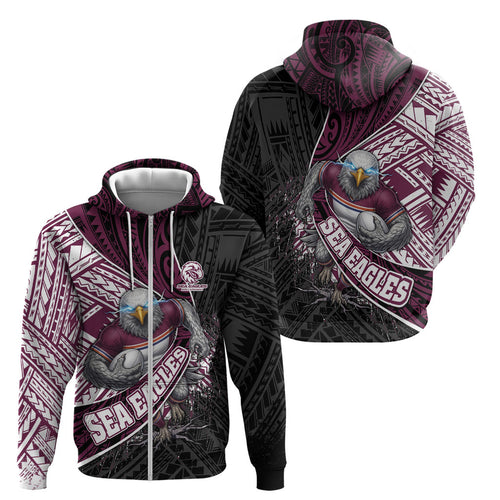 Manly Warringah Sea Eagles Rugby Mascot Zip Hoodie Tribal Polynesian Power Art - Lightning Mascot