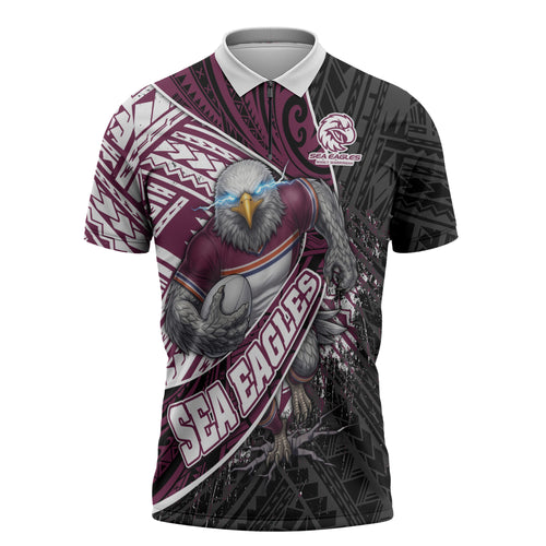 Manly Warringah Sea Eagles Rugby Mascot Zipper Polo Shirt Tribal Polynesian Power Art - Lightning Mascot