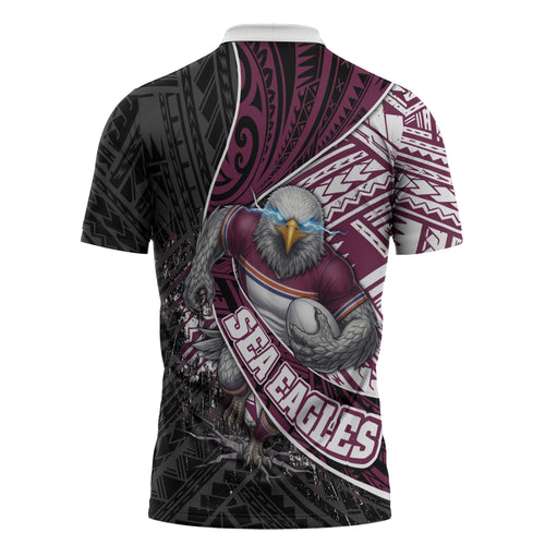 Manly Warringah Sea Eagles Rugby Mascot Zipper Polo Shirt Tribal Polynesian Power Art - Lightning Mascot