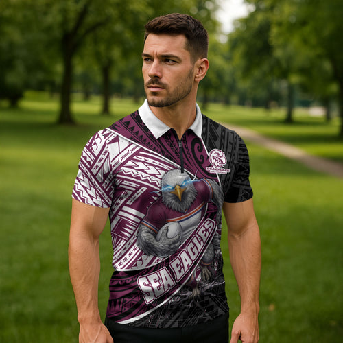 Manly Warringah Sea Eagles Rugby Mascot Zipper Polo Shirt Tribal Polynesian Power Art - Lightning Mascot