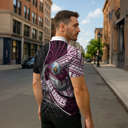 Manly Warringah Sea Eagles Rugby Mascot Zipper Polo Shirt Tribal Polynesian Power Art - Lightning Mascot