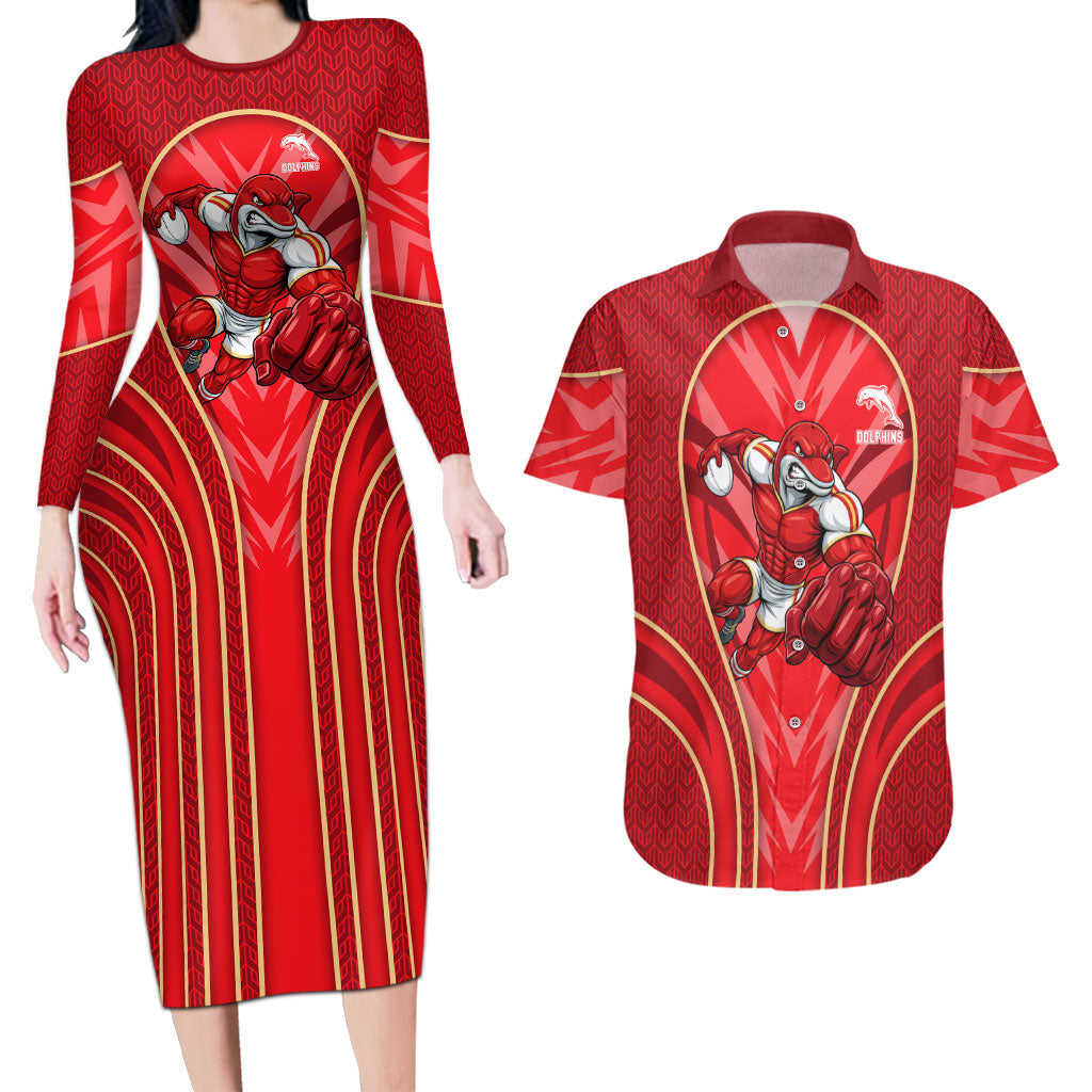 Dolphins Rugby Mascot Couples Matching Long Sleeve Bodycon Dress and Hawaiian Shirt Australian Rugby Culture - Tribal Inspired Dolphin