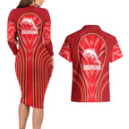 Dolphins Rugby Mascot Couples Matching Long Sleeve Bodycon Dress and Hawaiian Shirt Australian Rugby Culture - Tribal Inspired Dolphin