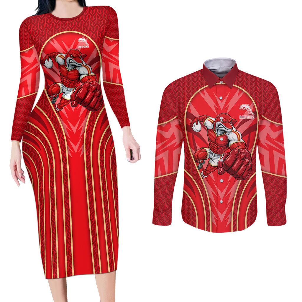 Dolphins Rugby Mascot Couples Matching Long Sleeve Bodycon Dress and Long Sleeve Button Shirt Australian Rugby Culture - Tribal Inspired Dolphin