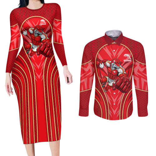 Dolphins Rugby Mascot Couples Matching Long Sleeve Bodycon Dress and Long Sleeve Button Shirt Australian Rugby Culture - Tribal Inspired Dolphin