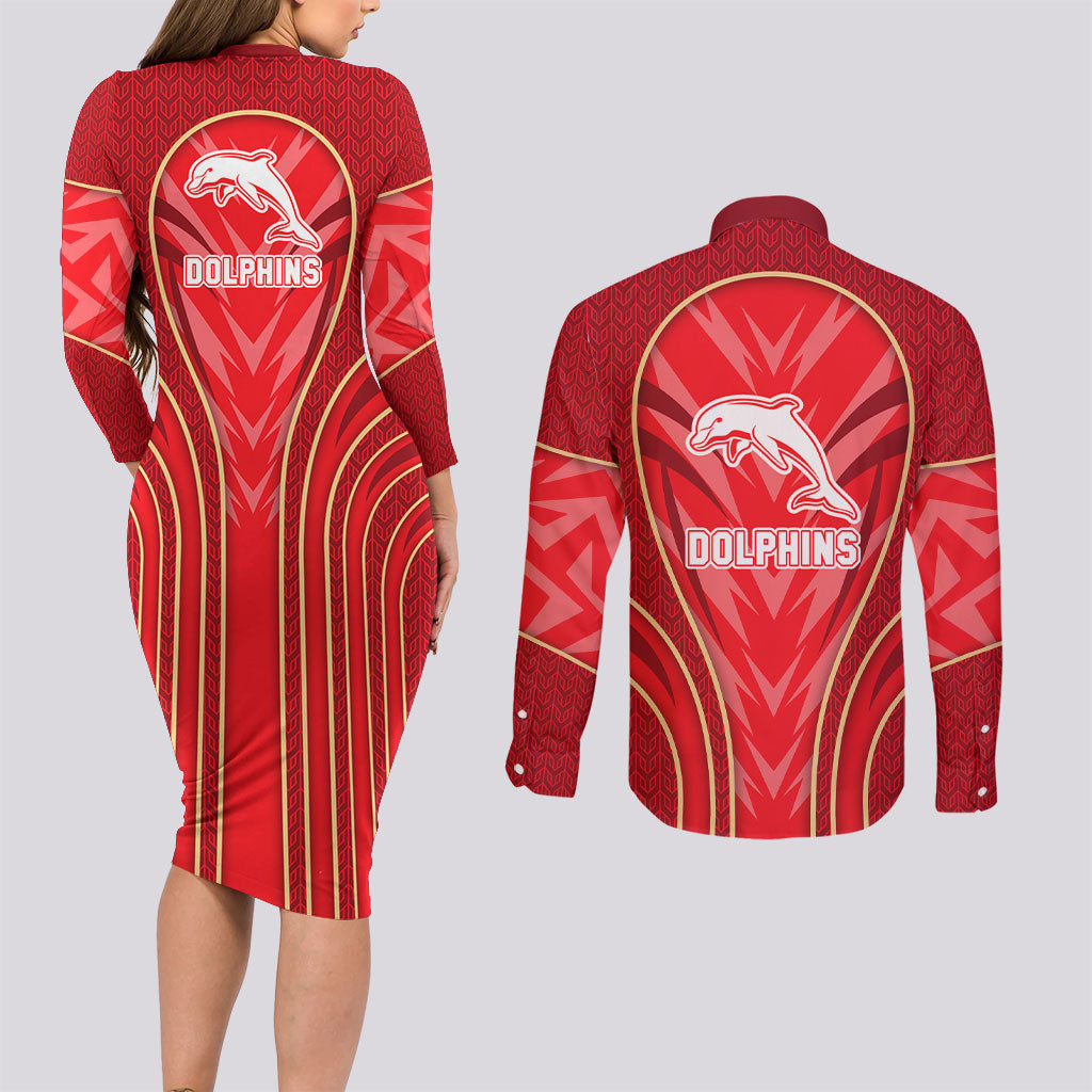Dolphins Rugby Mascot Couples Matching Long Sleeve Bodycon Dress and Long Sleeve Button Shirt Australian Rugby Culture - Tribal Inspired Dolphin