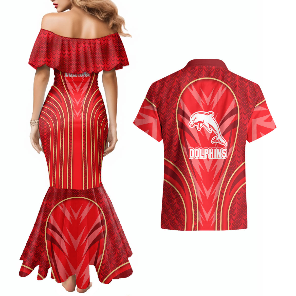 Dolphins Rugby Mascot Couples Matching Mermaid Dress and Hawaiian Shirt Australian Rugby Culture - Tribal Inspired Dolphin