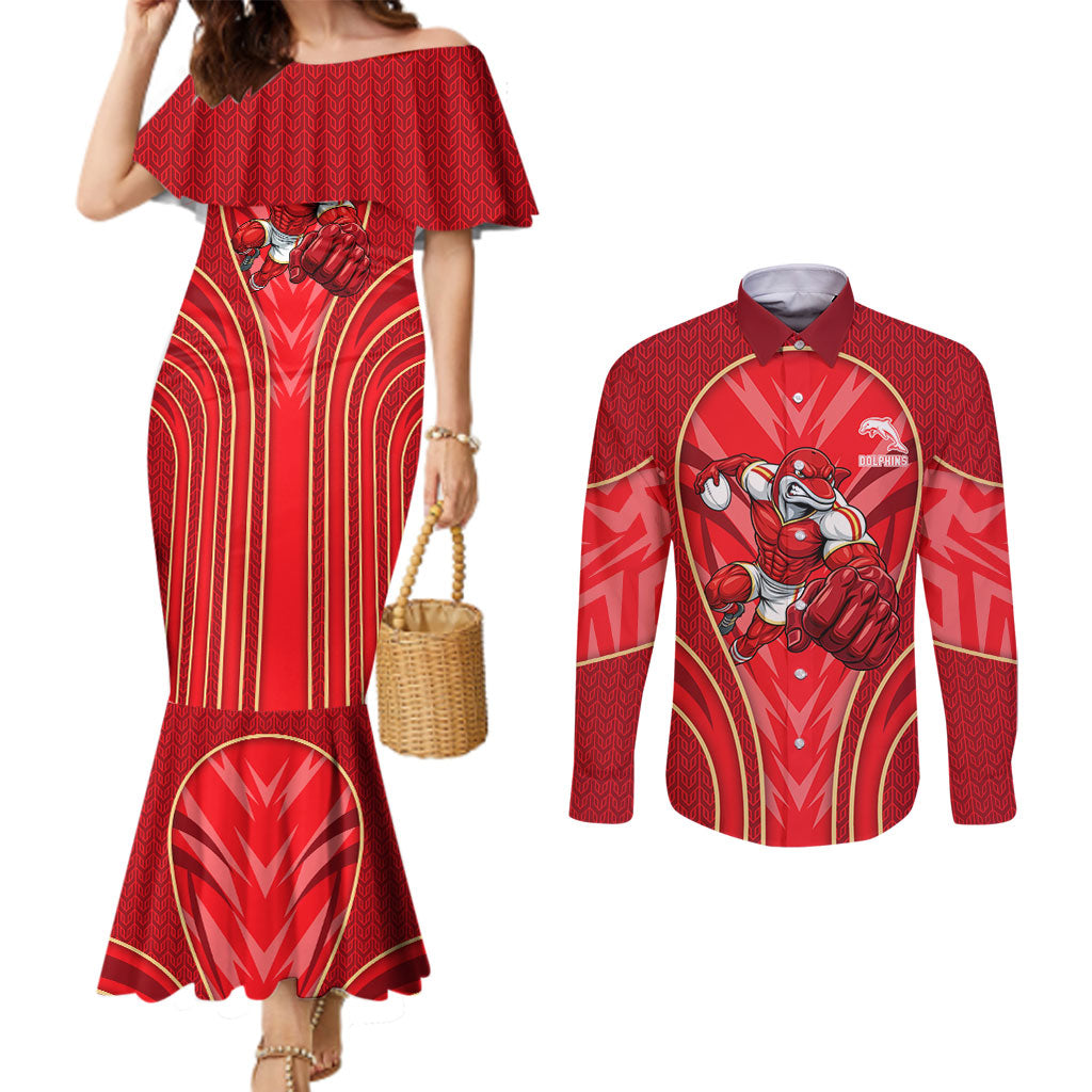 Dolphins Rugby Mascot Couples Matching Mermaid Dress and Long Sleeve Button Shirt Australian Rugby Culture - Tribal Inspired Dolphin