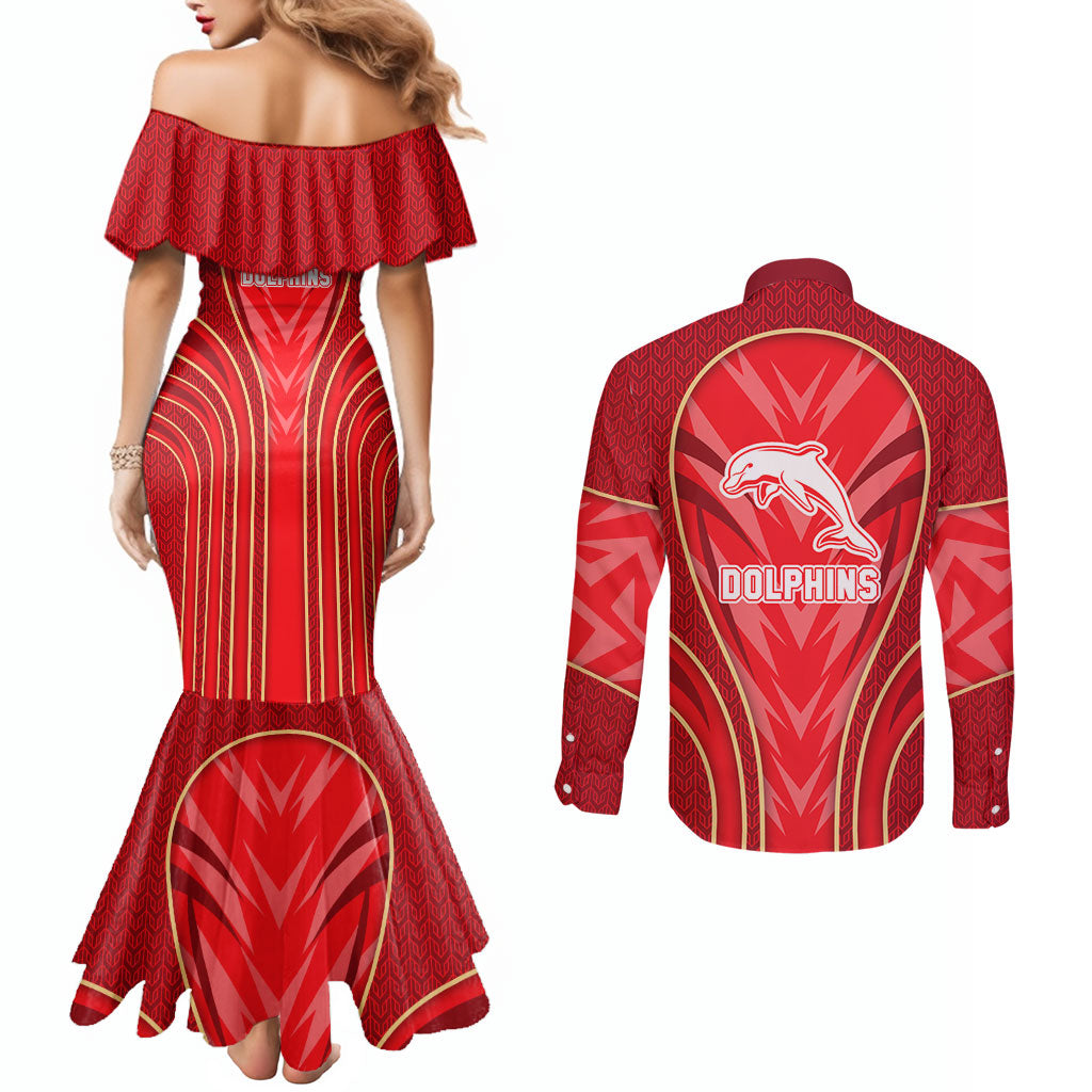Dolphins Rugby Mascot Couples Matching Mermaid Dress and Long Sleeve Button Shirt Australian Rugby Culture - Tribal Inspired Dolphin