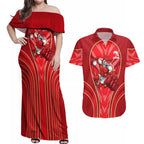 Dolphins Rugby Mascot Couples Matching Off Shoulder Maxi Dress and Hawaiian Shirt Australian Rugby Culture - Tribal Inspired Dolphin