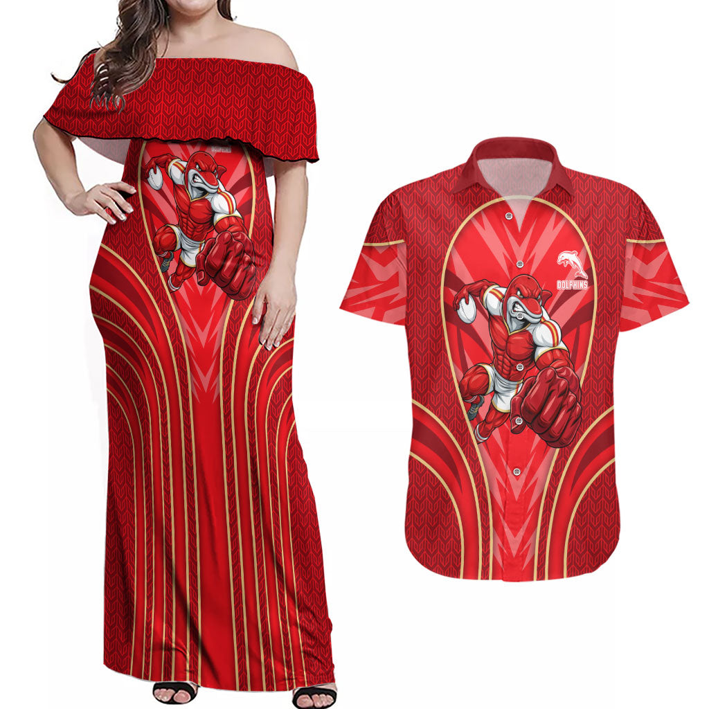 Dolphins Rugby Mascot Couples Matching Off Shoulder Maxi Dress and Hawaiian Shirt Australian Rugby Culture - Tribal Inspired Dolphin