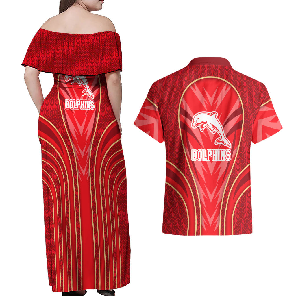 Dolphins Rugby Mascot Couples Matching Off Shoulder Maxi Dress and Hawaiian Shirt Australian Rugby Culture - Tribal Inspired Dolphin