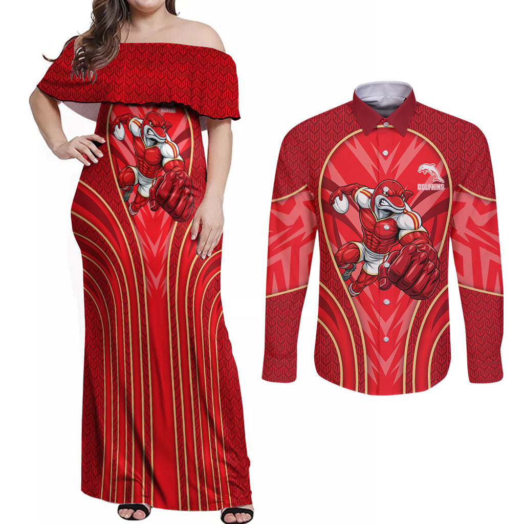 Dolphins Rugby Mascot Couples Matching Off Shoulder Maxi Dress and Long Sleeve Button Shirt Australian Rugby Culture - Tribal Inspired Dolphin