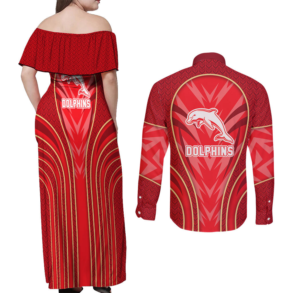 Dolphins Rugby Mascot Couples Matching Off Shoulder Maxi Dress and Long Sleeve Button Shirt Australian Rugby Culture - Tribal Inspired Dolphin