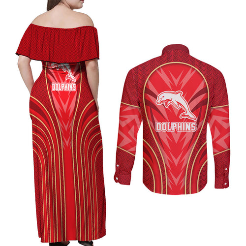 Dolphins Rugby Mascot Couples Matching Off Shoulder Maxi Dress and Long Sleeve Button Shirt Australian Rugby Culture - Tribal Inspired Dolphin