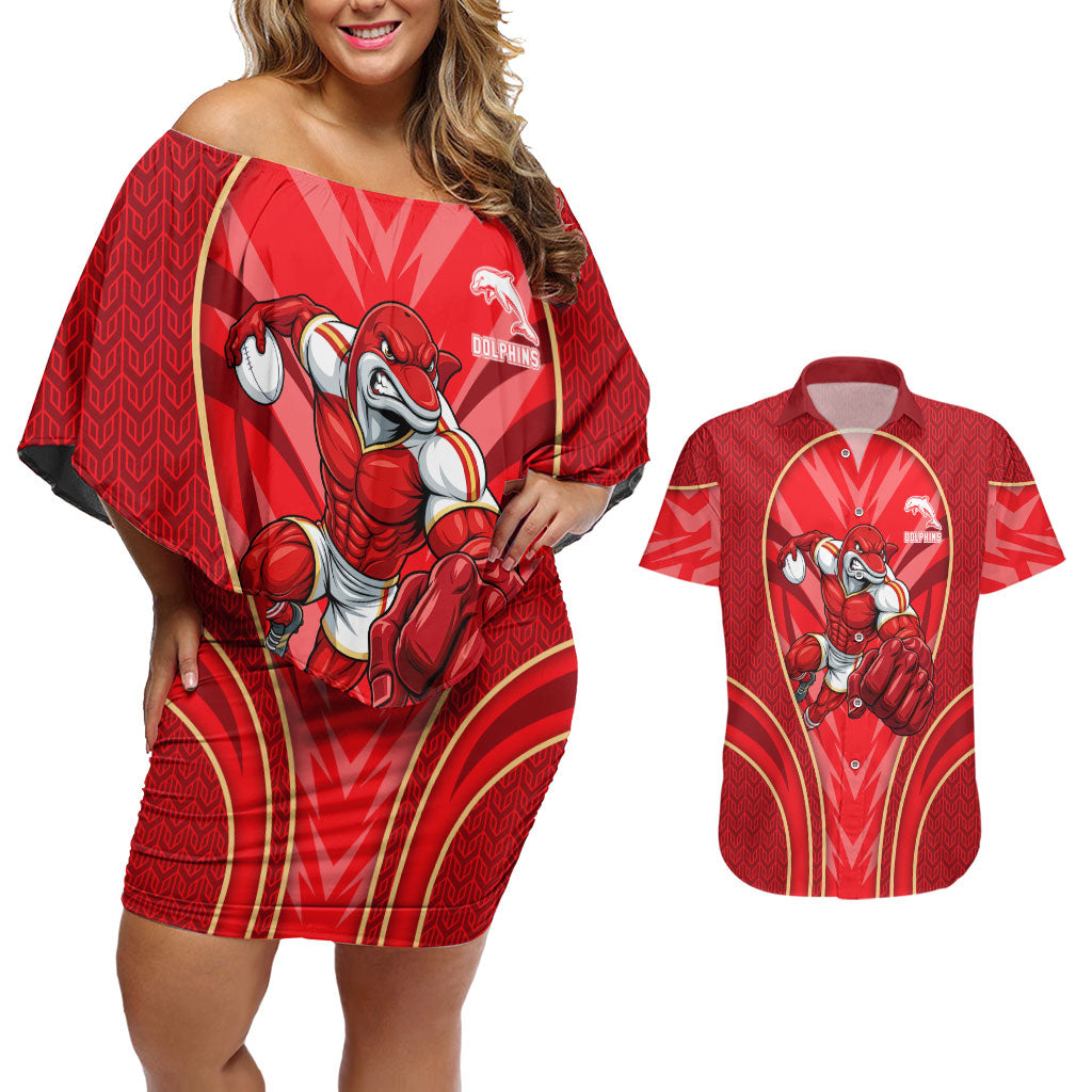 Dolphins Rugby Mascot Couples Matching Off Shoulder Short Dress and Hawaiian Shirt Australian Rugby Culture - Tribal Inspired Dolphin