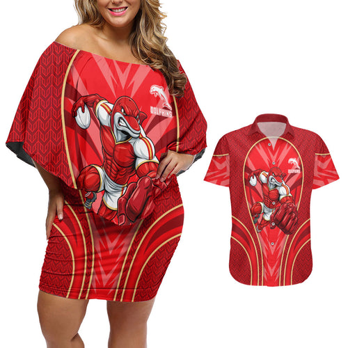 Dolphins Rugby Mascot Couples Matching Off Shoulder Short Dress and Hawaiian Shirt Australian Rugby Culture - Tribal Inspired Dolphin