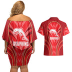 Dolphins Rugby Mascot Couples Matching Off Shoulder Short Dress and Hawaiian Shirt Australian Rugby Culture - Tribal Inspired Dolphin