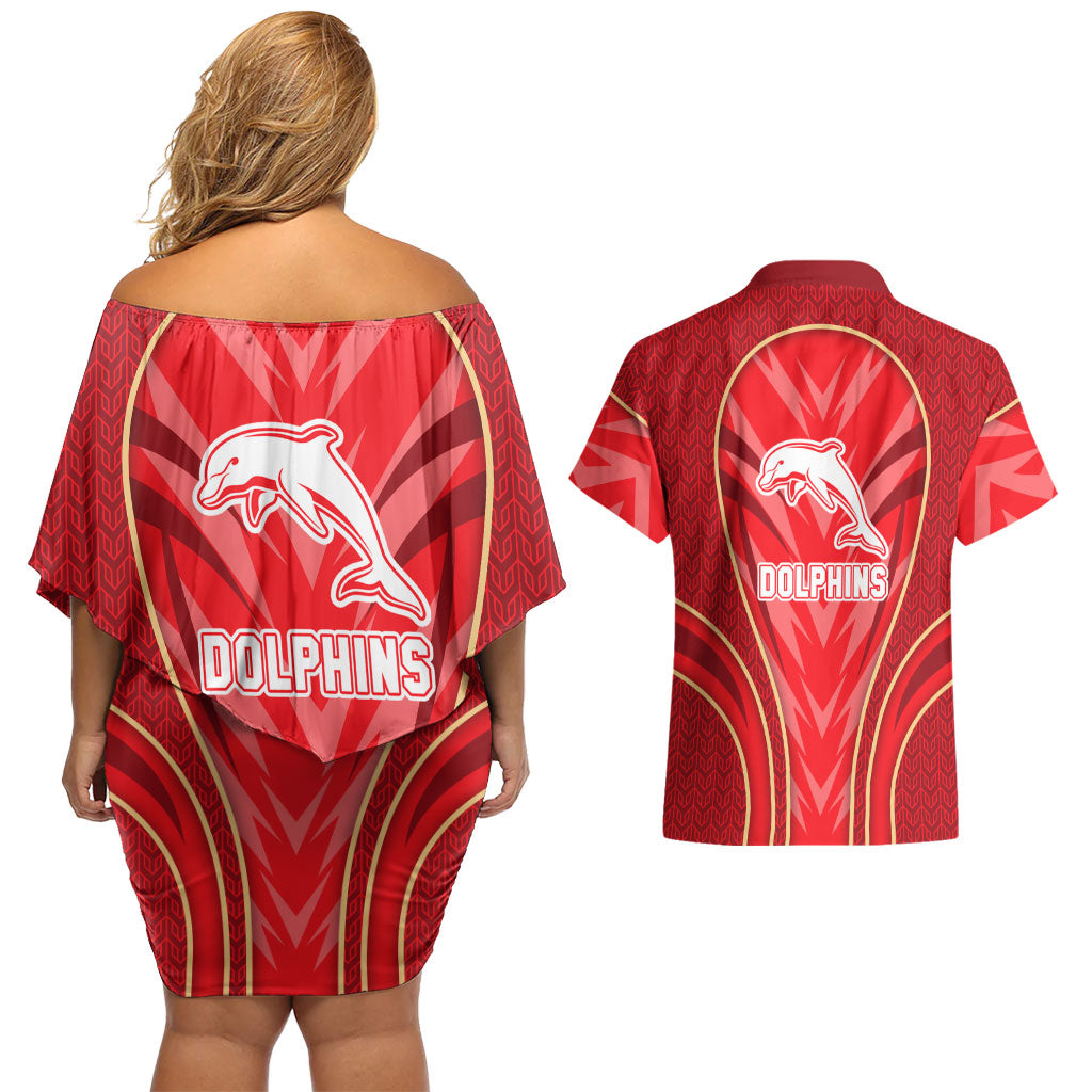 Dolphins Rugby Mascot Couples Matching Off Shoulder Short Dress and Hawaiian Shirt Australian Rugby Culture - Tribal Inspired Dolphin