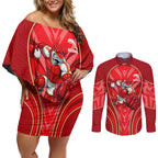 Dolphins Rugby Mascot Couples Matching Off Shoulder Short Dress and Long Sleeve Button Shirt Australian Rugby Culture - Tribal Inspired Dolphin