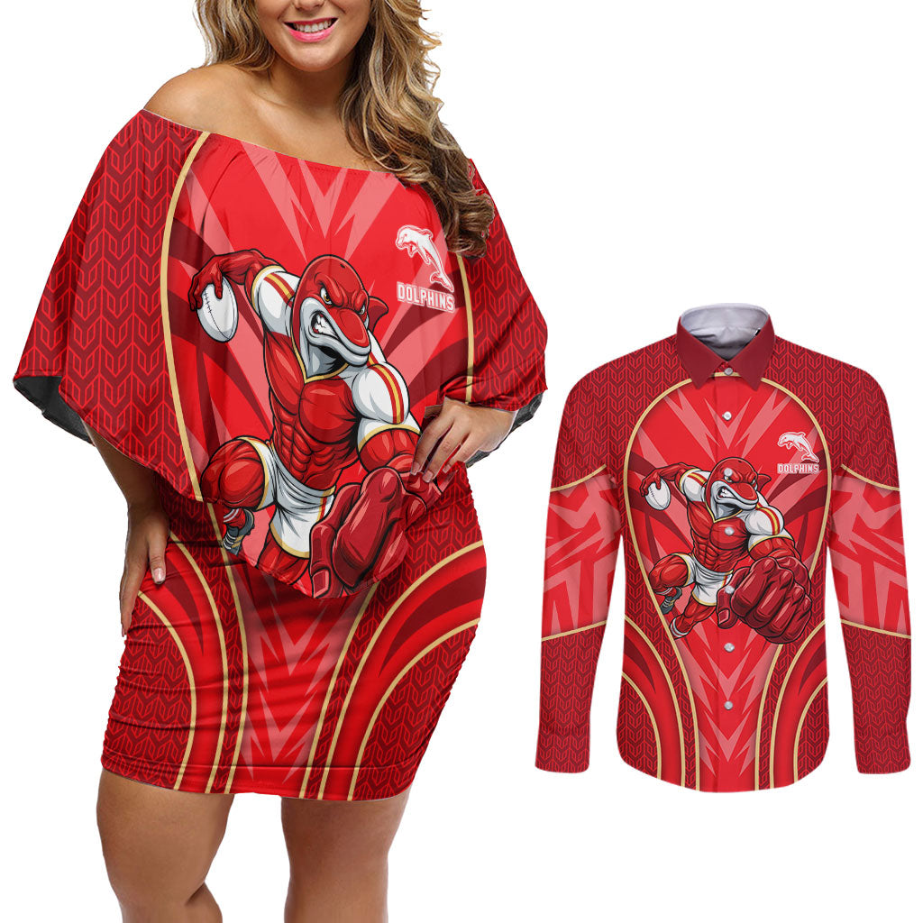 Dolphins Rugby Mascot Couples Matching Off Shoulder Short Dress and Long Sleeve Button Shirt Australian Rugby Culture - Tribal Inspired Dolphin