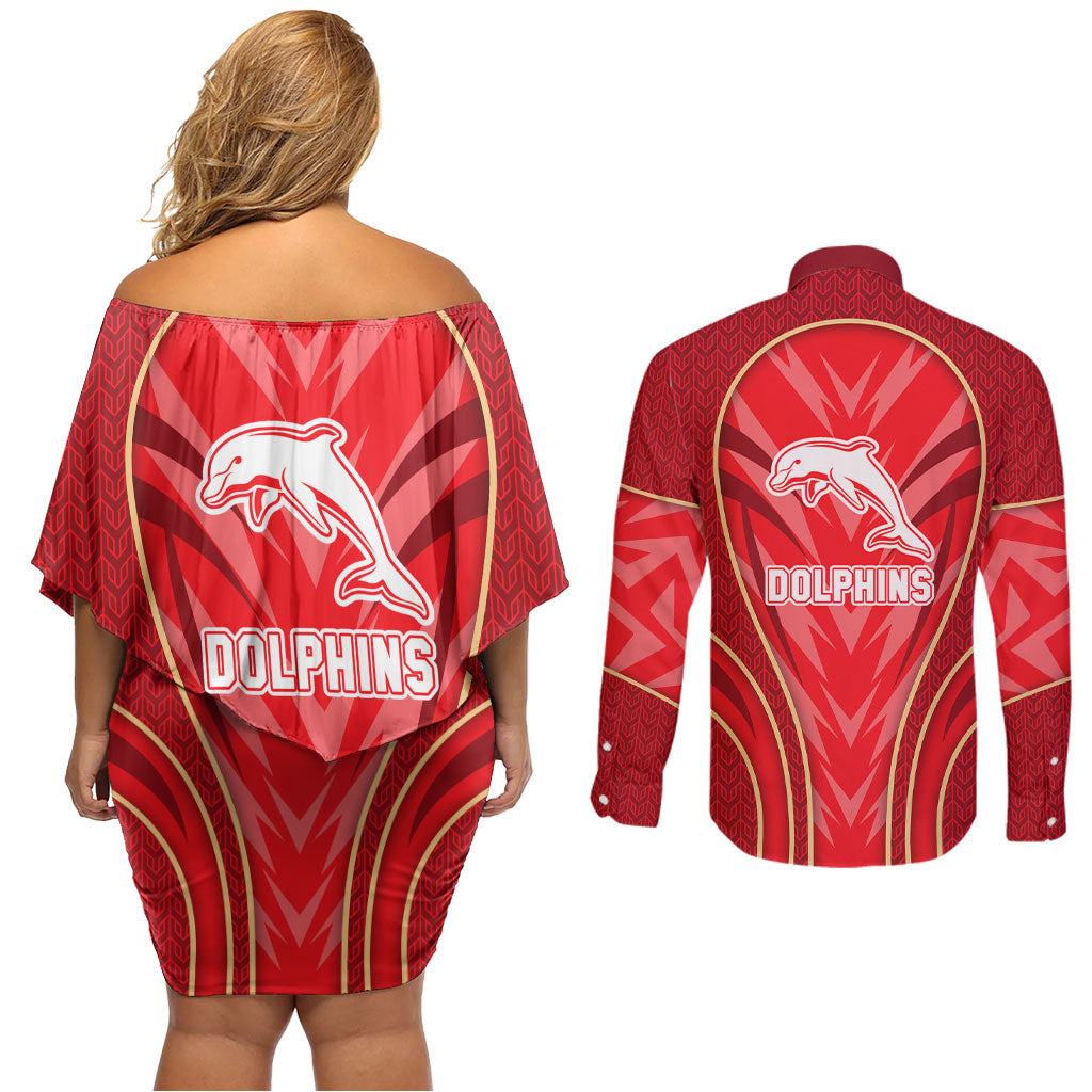 Dolphins Rugby Mascot Couples Matching Off Shoulder Short Dress and Long Sleeve Button Shirt Australian Rugby Culture - Tribal Inspired Dolphin
