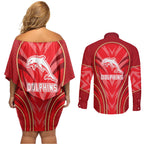 Dolphins Rugby Mascot Couples Matching Off Shoulder Short Dress and Long Sleeve Button Shirt Australian Rugby Culture - Tribal Inspired Dolphin