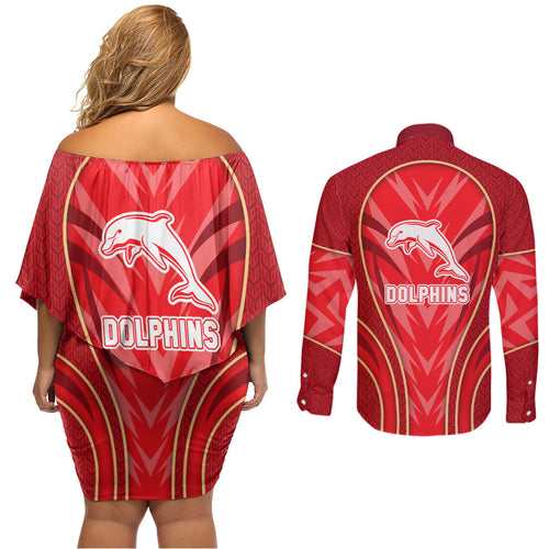 Dolphins Rugby Mascot Couples Matching Off Shoulder Short Dress and Long Sleeve Button Shirt Australian Rugby Culture - Tribal Inspired Dolphin