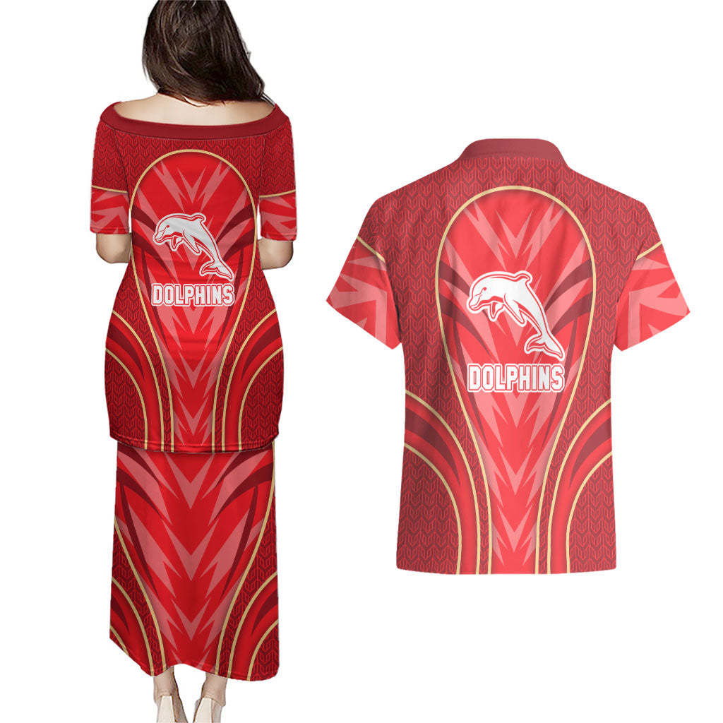 Dolphins Rugby Mascot Couples Matching Puletasi and Hawaiian Shirt Australian Rugby Culture - Tribal Inspired Dolphin