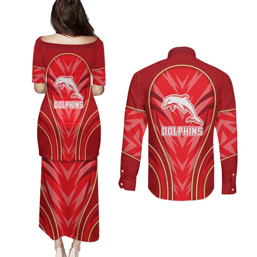 Dolphins Rugby Mascot Couples Matching Puletasi and Long Sleeve Button Shirt Australian Rugby Culture - Tribal Inspired Dolphin