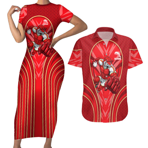 Dolphins Rugby Mascot Couples Matching Short Sleeve Bodycon Dress and Hawaiian Shirt Australian Rugby Culture - Tribal Inspired Dolphin