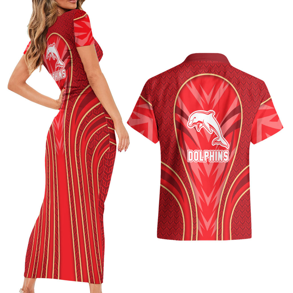Dolphins Rugby Mascot Couples Matching Short Sleeve Bodycon Dress and Hawaiian Shirt Australian Rugby Culture - Tribal Inspired Dolphin