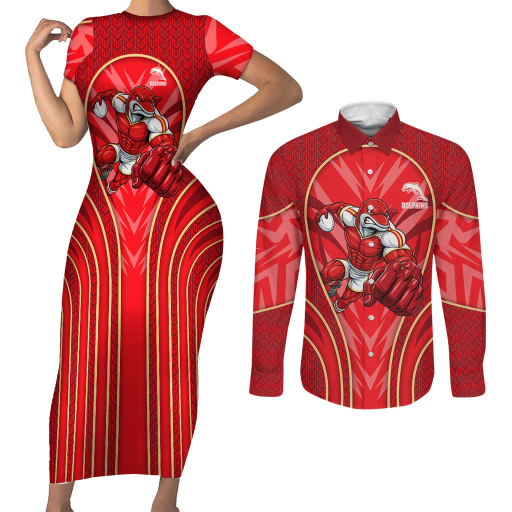 Dolphins Rugby Mascot Couples Matching Short Sleeve Bodycon Dress and Long Sleeve Button Shirt Australian Rugby Culture - Tribal Inspired Dolphin
