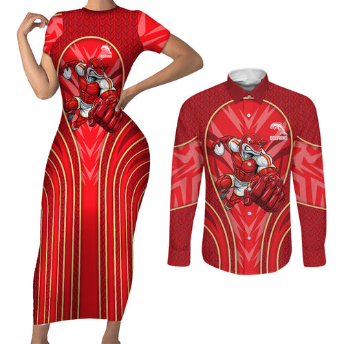 Dolphins Rugby Mascot Couples Matching Short Sleeve Bodycon Dress and Long Sleeve Button Shirt Australian Rugby Culture - Tribal Inspired Dolphin