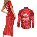 Dolphins Rugby Mascot Couples Matching Short Sleeve Bodycon Dress and Long Sleeve Button Shirt Australian Rugby Culture - Tribal Inspired Dolphin