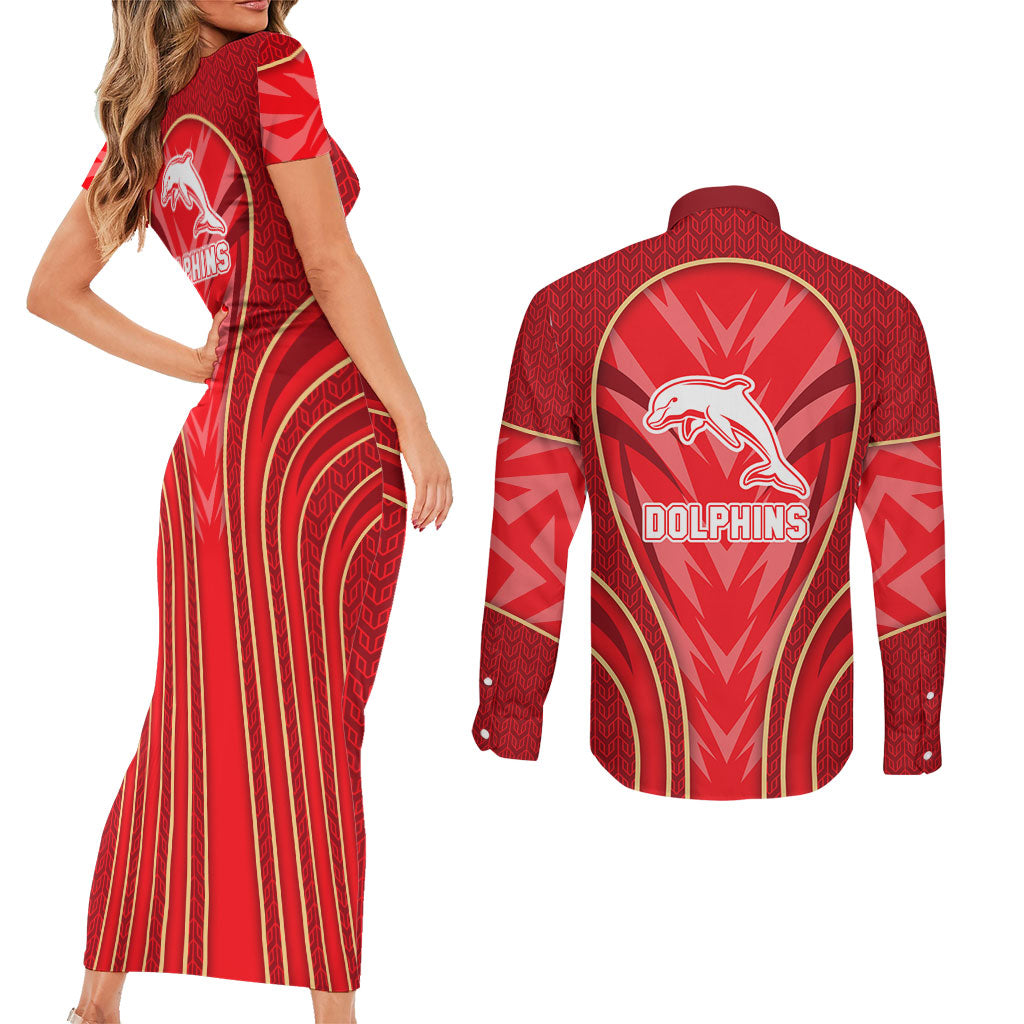 Dolphins Rugby Mascot Couples Matching Short Sleeve Bodycon Dress and Long Sleeve Button Shirt Australian Rugby Culture - Tribal Inspired Dolphin