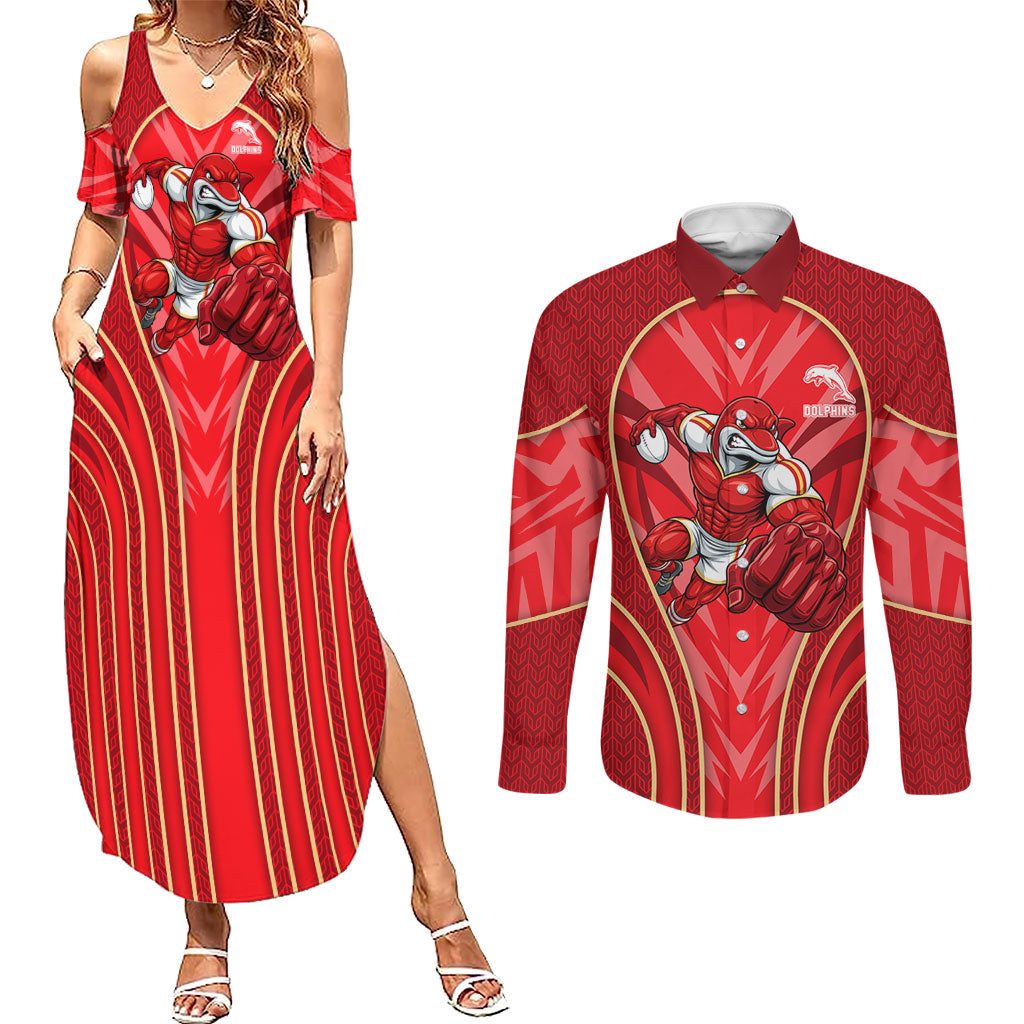 Dolphins Rugby Mascot Couples Matching Summer Maxi Dress and Long Sleeve Button Shirt Australian Rugby Culture - Tribal Inspired Dolphin