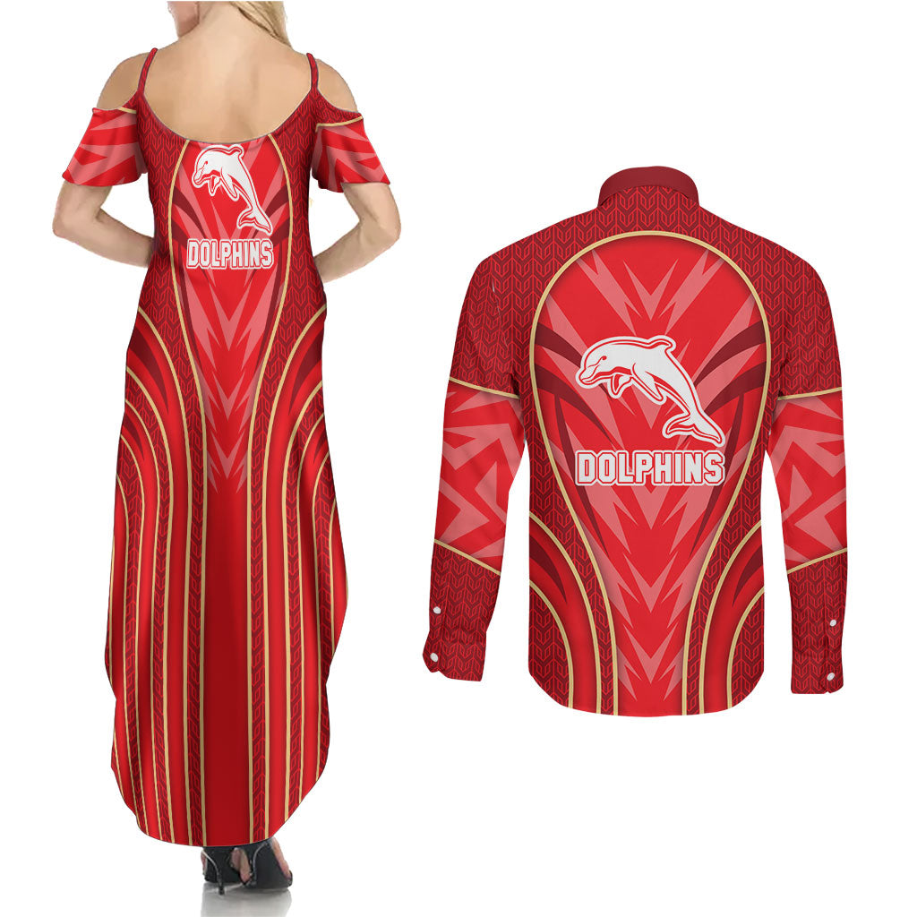 Dolphins Rugby Mascot Couples Matching Summer Maxi Dress and Long Sleeve Button Shirt Australian Rugby Culture - Tribal Inspired Dolphin