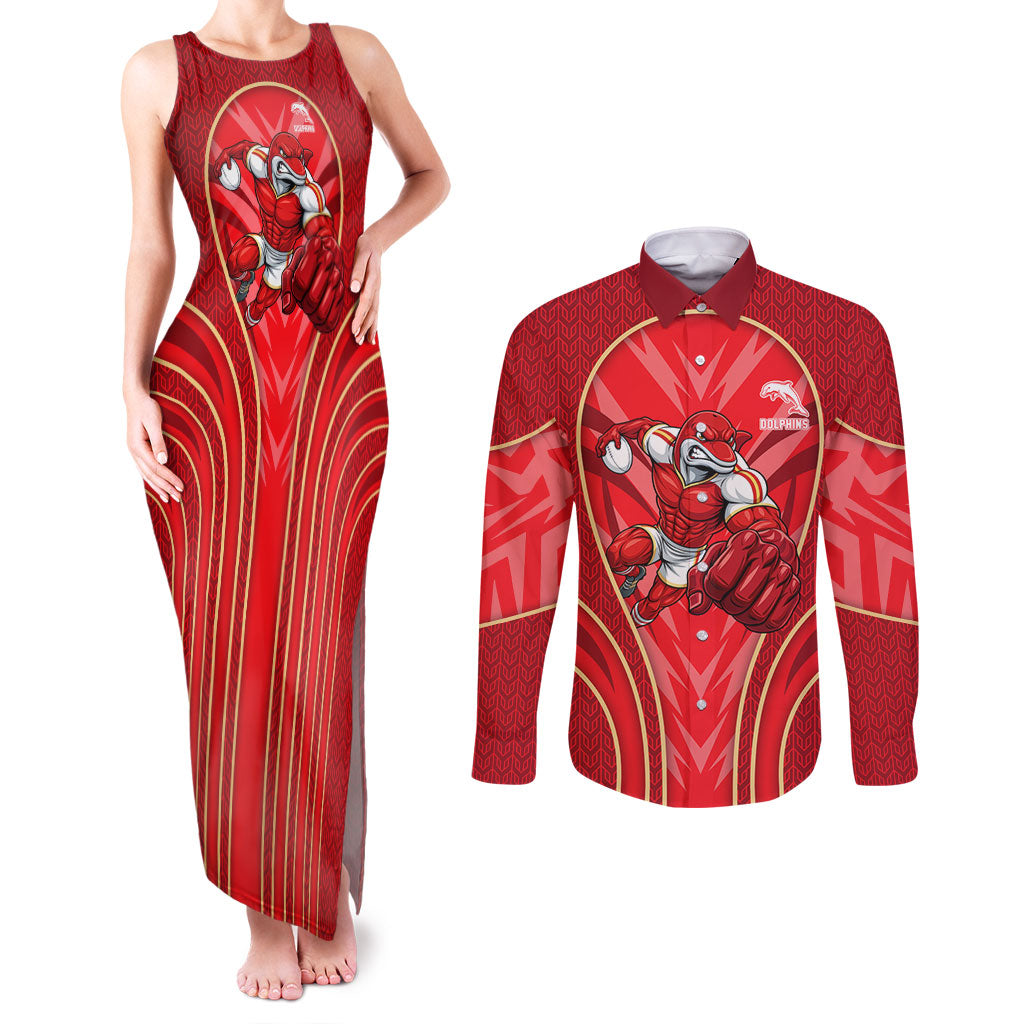 Dolphins Rugby Mascot Couples Matching Tank Maxi Dress and Long Sleeve Button Shirt Australian Rugby Culture - Tribal Inspired Dolphin