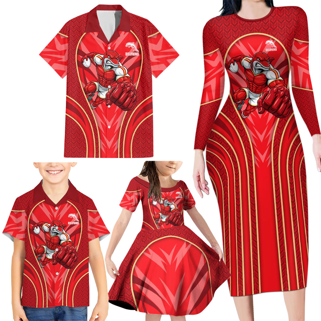 Dolphins Rugby Mascot Family Matching Long Sleeve Bodycon Dress and Hawaiian Shirt Australian Rugby Culture - Tribal Inspired Dolphin
